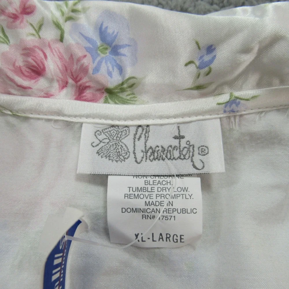 Character Womens XL Pajama Top Shirt White‎ Pink Blue Floral Satin Button Down